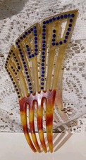 VINTAGE ART DECO 4-PRONG TORTOISESHELL HAIR COMB WITH BLUE FACETED RHINESTONES