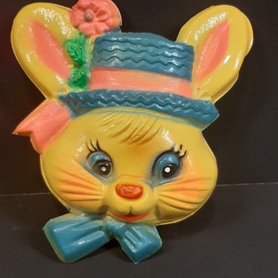 Vintage 3D Happy Easter Bunny Rabbit Head Face Mask Cake Topper Yellow 5'' Tall