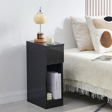 Slim Black Bedside Table with Drawer & Shelf, Modern Narrow Nightstand Storage