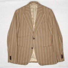 Custom Suit Mens 40R 34x31 Slim Tan Stripe Peak Lapel Guabello Wool Side Tabs