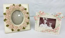 VTG 2pc Victorian Hand Painted Picture Photo Frames 3-D Sculpted Flowers Roses