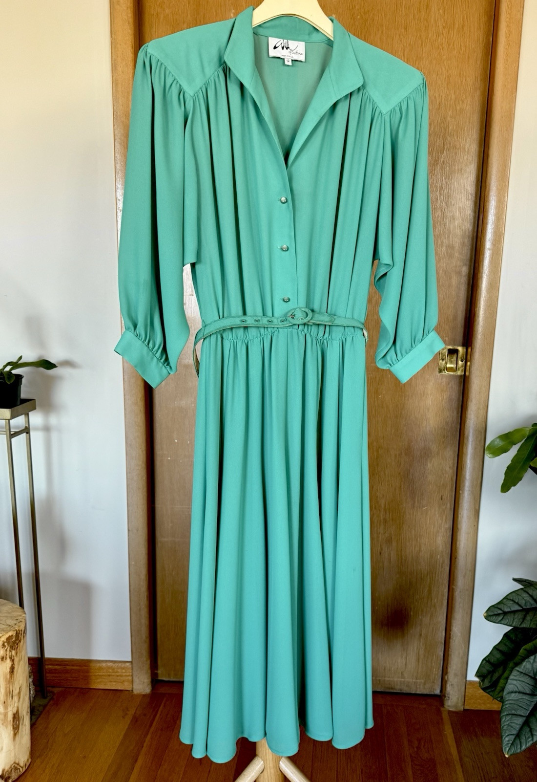 Willis California VTG 80s Turquoise Sheer Chiffon Dress Belt Shoulder Pads S 12