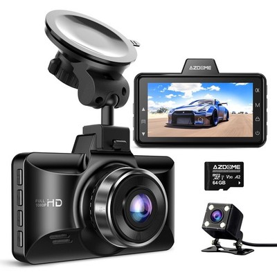 AZDOME M01 Dual Dash Cam Front and Rear with Free 64GB Card, 3'' Screen Black