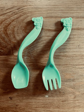 Vintage Curved Teddy Bear Green Baby Spoon and Fork, Plastic