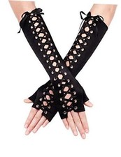 Lace up Fingerless Gloves Long Black Satin Gloves Elbow Length
