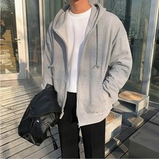 Autumn Trendy Men's Hoodie Solid Color Zip Up Loose Jacket Coats Casual