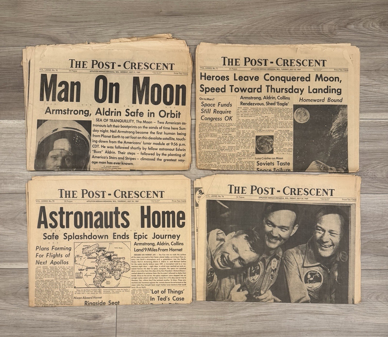 Apollo 11 Moon Landing Newspaper Lot (4) July 1969 - Post-Crescent - Full Set