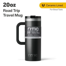 RTIC 20 oz Ceramic Lined Insulated Road Trip Travel Mug, Leak-Resistant Lid, Bla