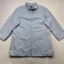 Eileen Fisher Coat Women XL Blue Cotton Blend Zip Pockets Mid Length Lined Rain