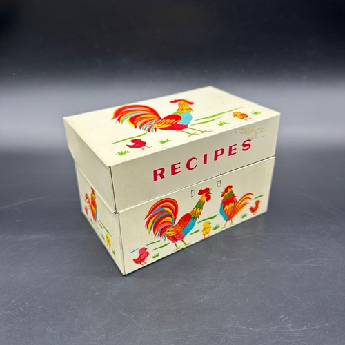 Vintage Recipe Box Mid Century Metal Rooster Chickens Kitchen Storage 50s As Is