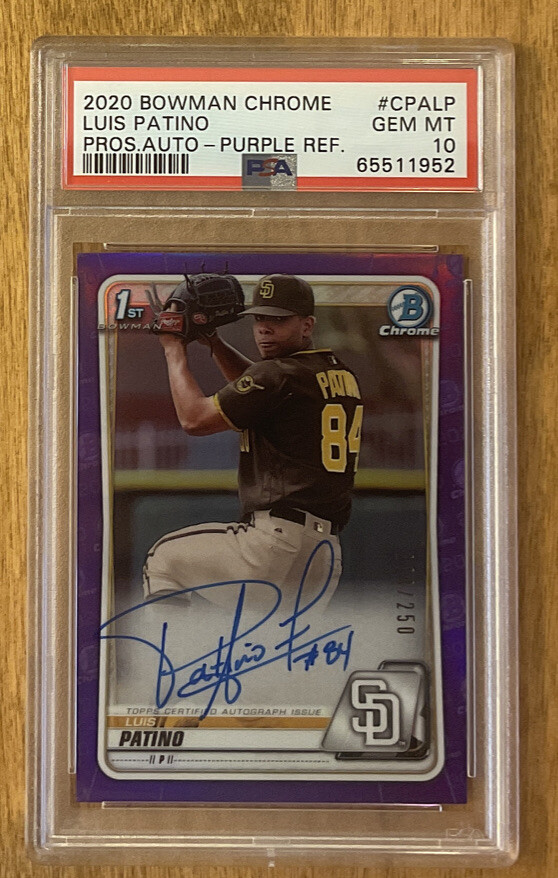 2020 Bowman Chrome Luis Patino Purple Refractor Auto CPA-LP /250 1st PSA 10 Gem