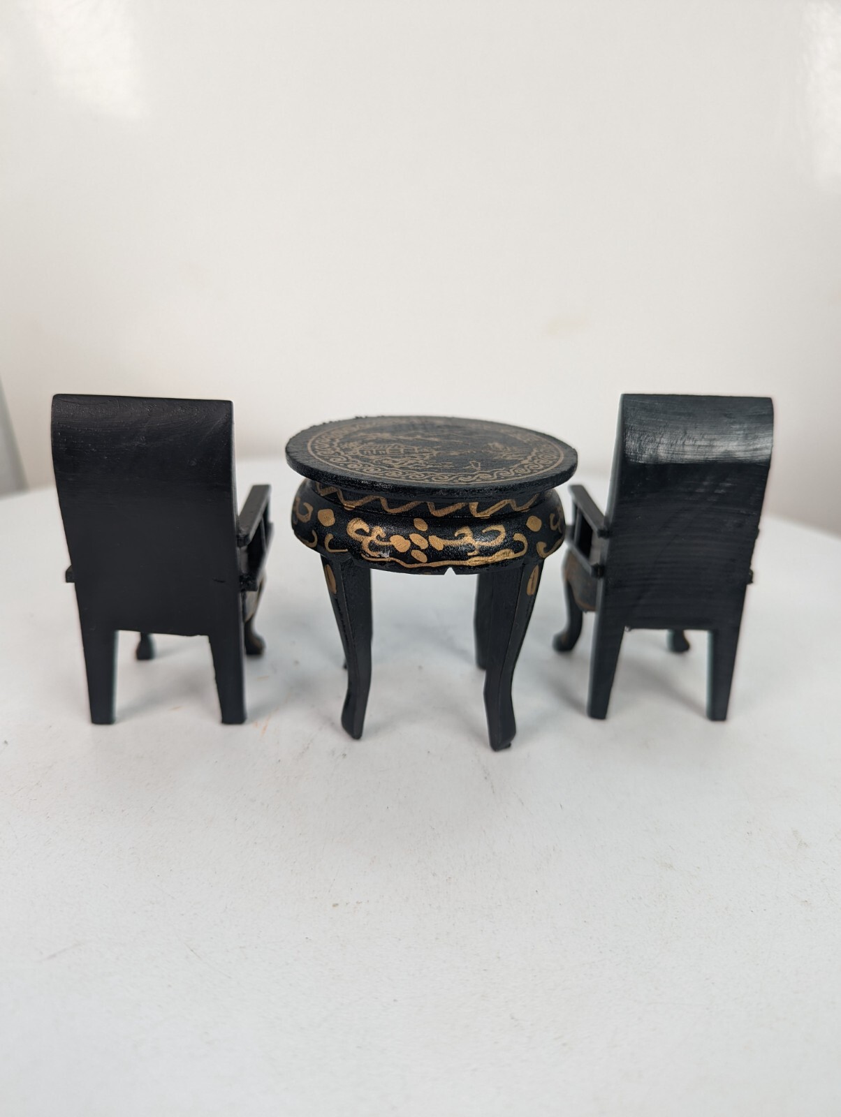 Dollhouse Miniature 3pc Black Lacquer Goldpainted Table Chairs Chinese Furniture