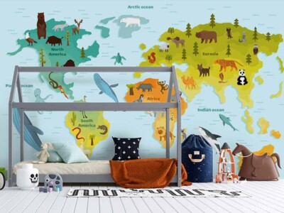 3D Blue World Map Animal Wall Murals Wallpaper Murals Wall Sticker 126
