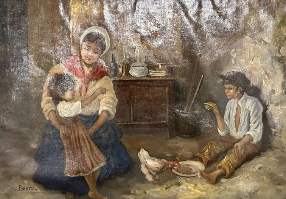 Vintage Italian BERTOLINI COUNTRY SCENE WITH FAMILY Realist painting C1900's - image 2 of 4