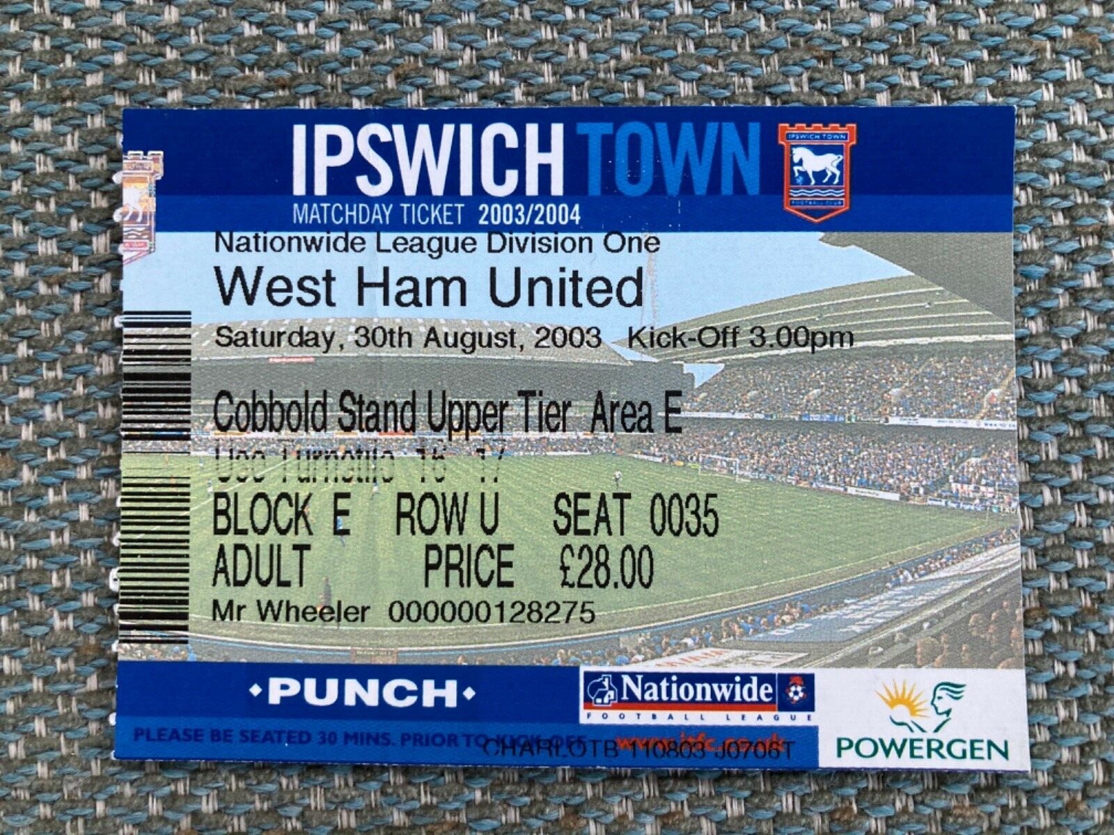 Ipswich Town vs West Ham United Football Tickets 30 August 2003 Division One