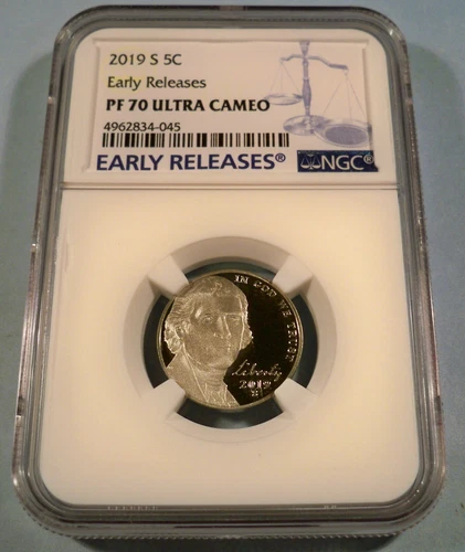 2019-S 5c NGC PF70UCAM JEFFERSON NICKEL PR 70 ULTRA CAMEO BLUE LABEL