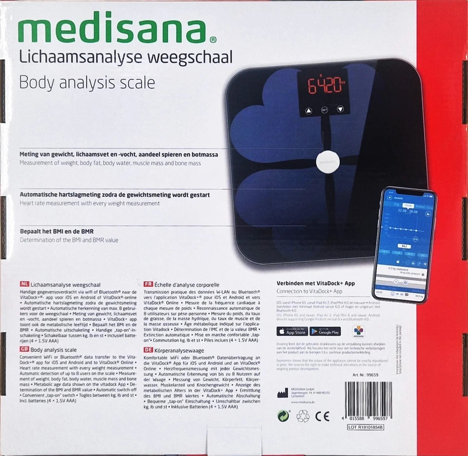 Báscula de análisis corporal WiFi App 180 kg IMC BMR VitaDock báscula personal Medisana BS 418 - Imagen 2 de 3