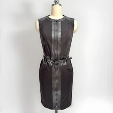 New W By WORTH Dress Brown 4 Or Small Front Zip Faux Leather Trim  Work Career