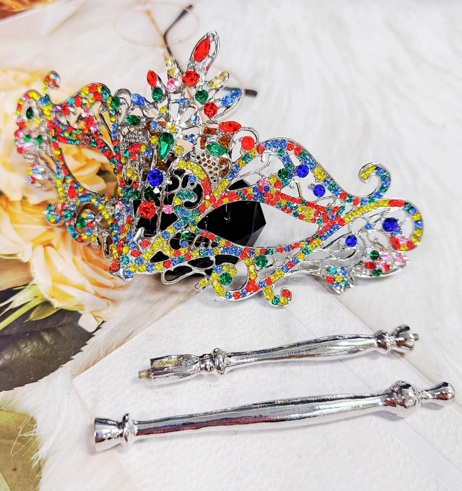 Rainbow Masquerade Mask, Crystal Handheld Mask, Silver Mask, Prom Mask, Pride - Image 2 of 4