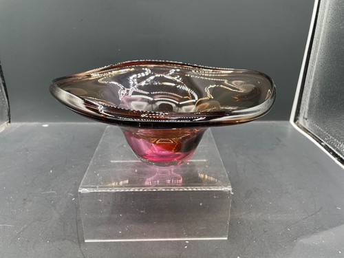 Hand Blown Amethyst Brown Hombre Glass Bowl Signed Vintage Handmade Glass Dish