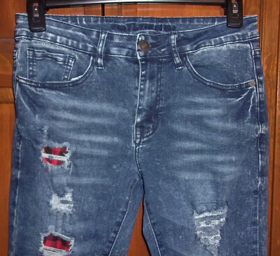 Rue 21 Premium Skinny Supreme Flex Mens Distressed Red Plaid/ Blue