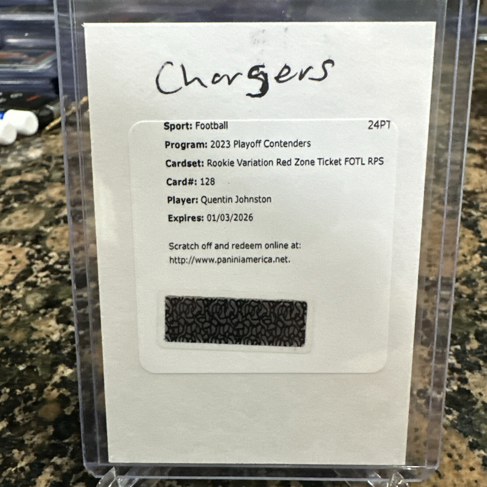 2023 Contenders FOTL Quentin Johnston Rookie Variation Red Zone Ticket Auto RPS