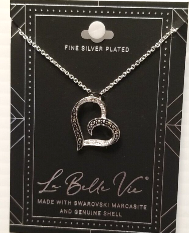 La Belle Vie Swarovski Marcasite Heart Necklace Fine Silver Plated 18