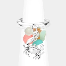 Crab Ring Sea Glass Dangle Charms Stretch Band SILVER MULTI Sea Life Jewelry