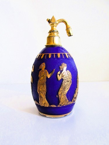 Sehr seltener Loetz-Etrusk-Parfümzerstäuber Böhmisch Art Deco blau geätztes Glas 1928