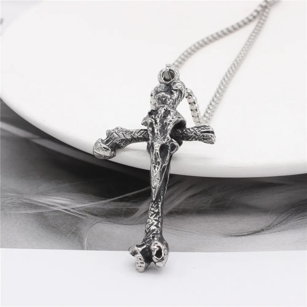 Dark Gothic Titanium Bone Cross Pendant – Unique Statement Necklace
