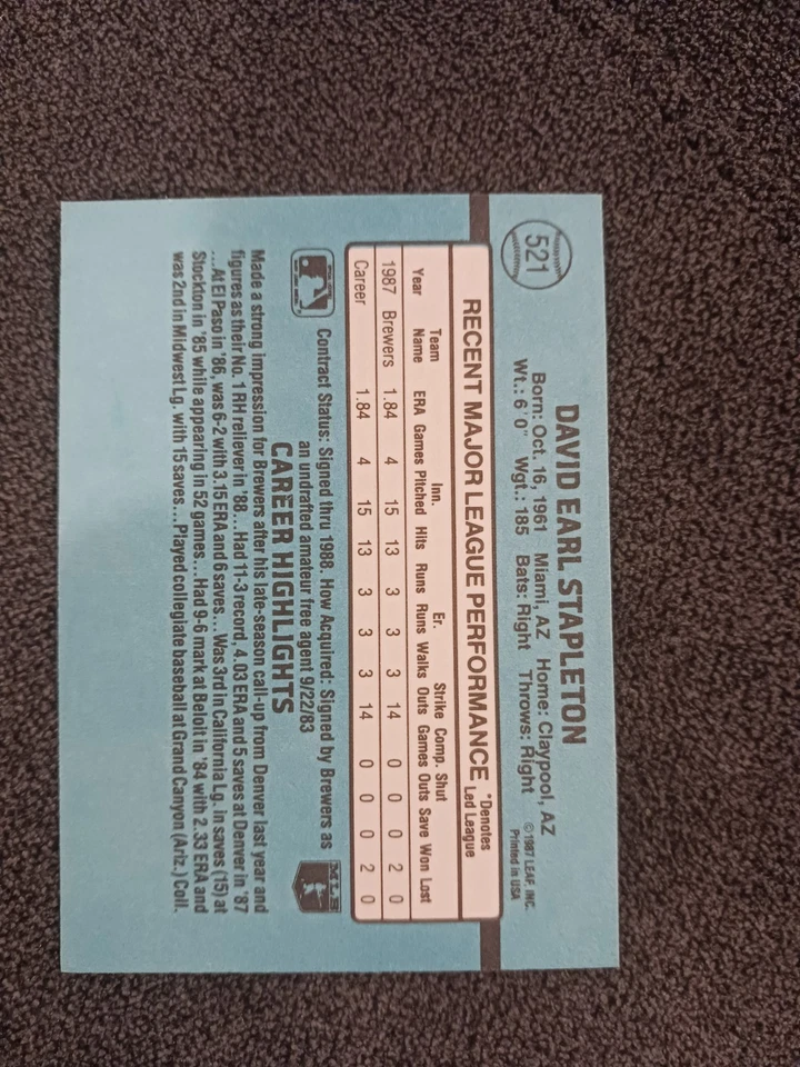 1988 Donruss - Dave Stapleton #521 - Brewers - ungraded - Image 2 of 2