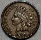 Extra Fine 1859 Indian Head Cent, Well-Detailed, 1st Year Issue.