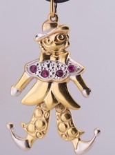 Antique Victorian 8K Gold Articulated Jester Clown Pendant with Ruby Accents