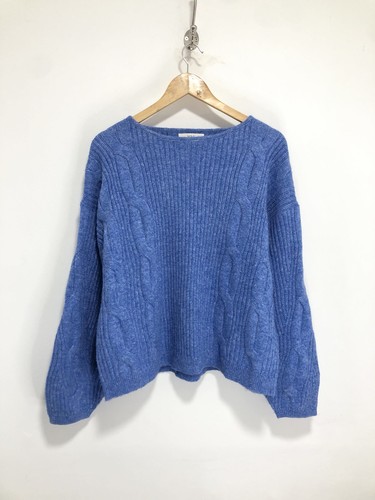 M&S Cable Knit Jumper Large Womens Cornflower Blue Boxy Wide Neck Marks Spencer