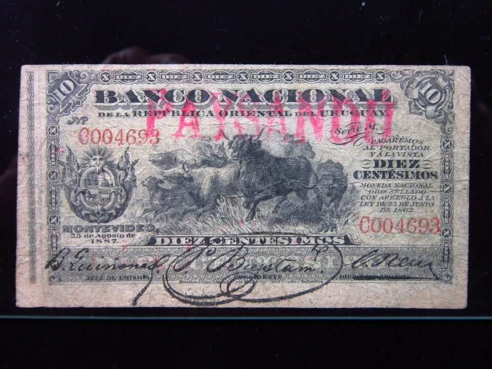 Uruguay Paysandu 10 Centesimos 1887 Overprint Sign v1 P #A87 i4693 National Bank - Image 2 of 3