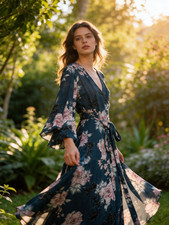 City Chic Blue Pink Floral Maxi Wrap Dress Chiffon Ruffle Belted XS/14