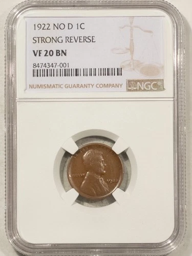 1922 NO D LINCOLN CENT STRONG REVERSE - NGC VF-20 BN KEY-DATE SMOOTH, NICE COLOR