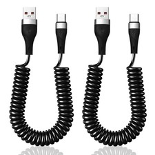2pcs Coiled USB A to USB C Cable for Car, Retractable Samsung Phone Charger