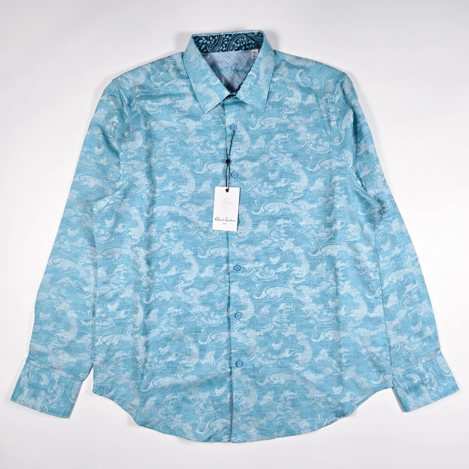 Robert Graham Paisley Floral Button-Up Shirt Men Large Turquoise Linen Flip Cuff - Image 2 of 4