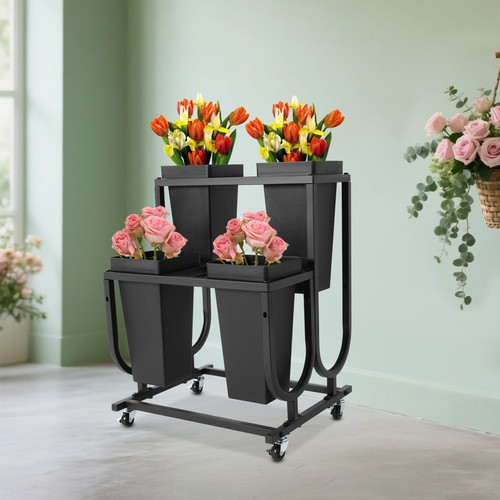 Metal Flower Display Stand Plant Shelf w/ Wheels Bucket Movable Floral ...