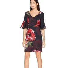 Trina Turk Women’s Sheath Dress Size 2 Red Floral Bell Sleeve Stretch NEW