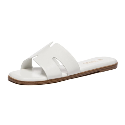 Women's Dressy Flat Sandals Comfortable Slip On Leather Slide White Sandals S...