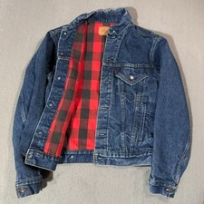 Levi's Blue Jean Denim Red Plaid Lined Vtg USA Made Trucker Work Jacket Coat 38