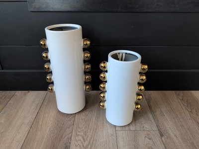 Set Of 2 Ceramic White Cylindrical Decorative Vases With Gold Accents