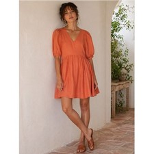 United Colors of Bennetton Linen Baby Doll Dress Size Small Orange Puff Sleeves