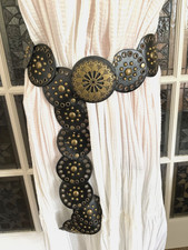 Vintage Black Leatherette Wide Studded Boho Concho Belt Brass Tone Buckle