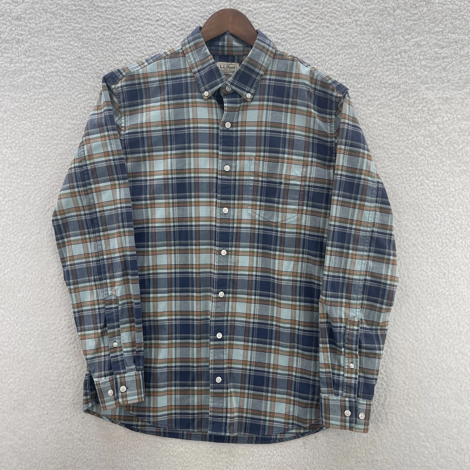 LL Bean Shirt Mens M Tall Blue Green Oxford OCBD Plaid Preppy Casual Outdoor