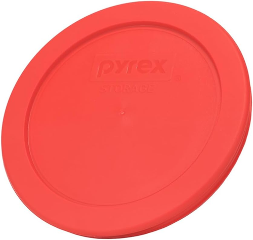 Red Pyrex 7200-PC 2-cup replacement lid with black logo and “STORAGE” text, made in USA.