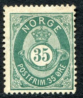 (747) GOOD 1877 NORWAY 35o GREY GREEN SG60 LIGHTLY M.MINT. MARK ON FRONT