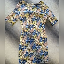 (B5) Ezra Floral Sheath Vibrant Blue Yellow Abstract Print Dress S